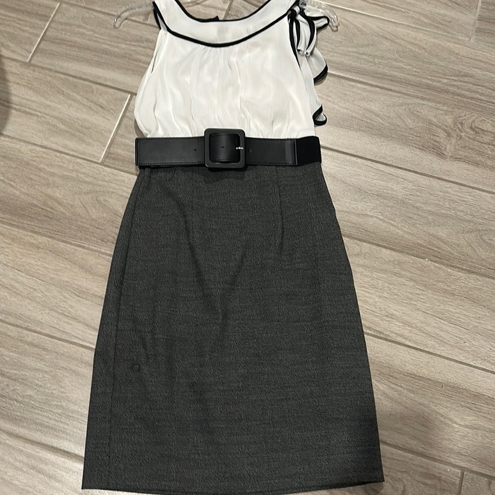 Gray and white belted business casual dress